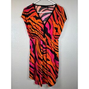 Sofia Vergara Womens Medium Dress Hot Pink‎ Orange Black Zebra Print V Neck
